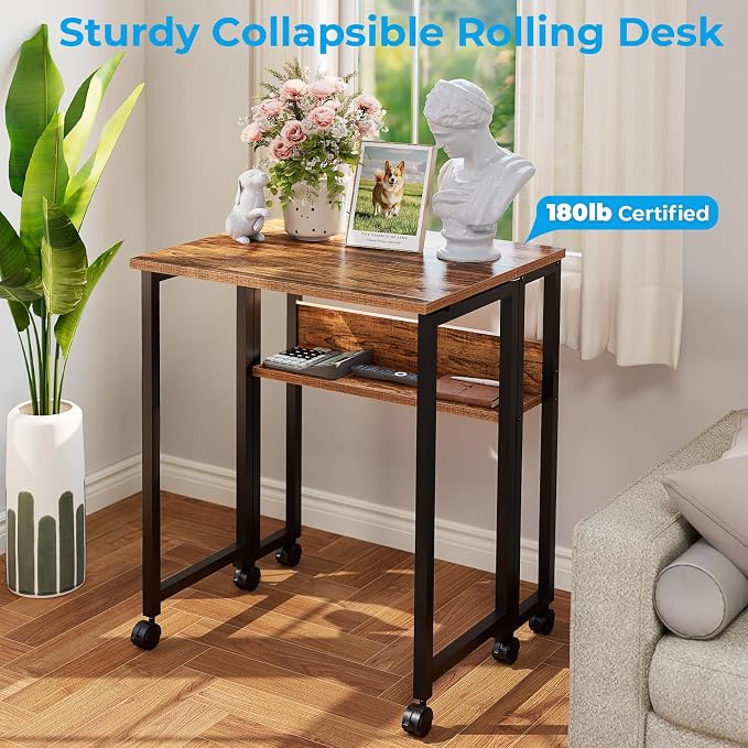GreenForest Folding Desk with Wheels, 24.8" Rolling Table for Small Spaces | Storage Shelf, Lockable Casters, Compact Portable Workstation, Space-Saving Foldable Sofa Table, Home Office, Mobile, Walnut