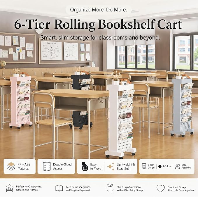 BYFU 6-Tier Movable Bookshelf Cart, Pink | Rolling Wheels, File Paper Storage Organizer, Mobile Bookcase, For Home Office Study Classroom