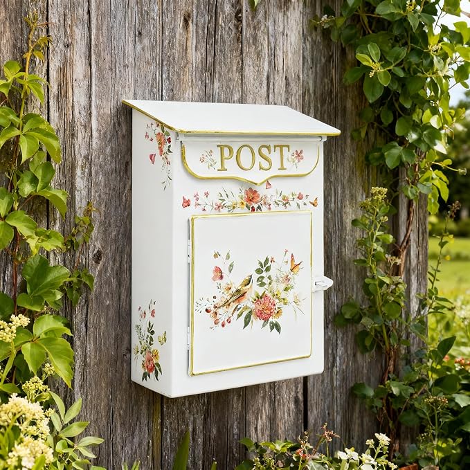 Mailbox Wall Mount Mailboxes for Outside Vintage Mail Boxes for House Outside Metal Drop Box Antique Style Nostalgic Charm Home Decorative, Flower Pattern White