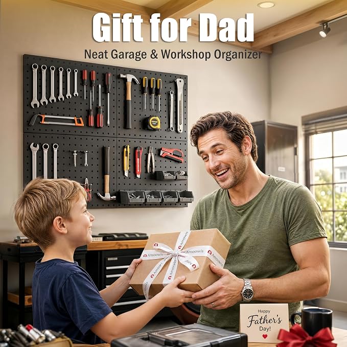 Heavy Duty Peg Board, 4 Pack Metal Pegboard Panels with 50 Hooks | Black Pegboard Organizer - Wall Mount Storage System for Garage and Garden Tools, Workbench, Office & Home Organization