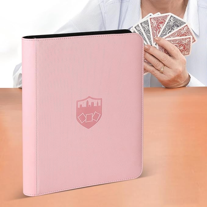 16 Pocket Ringless Side Loading Trading Card Binder, 1024 Cards PU Fixed Page Zipper Card Album for TCG Sports Game Cards, Not Fit Top Loaders (Pink)