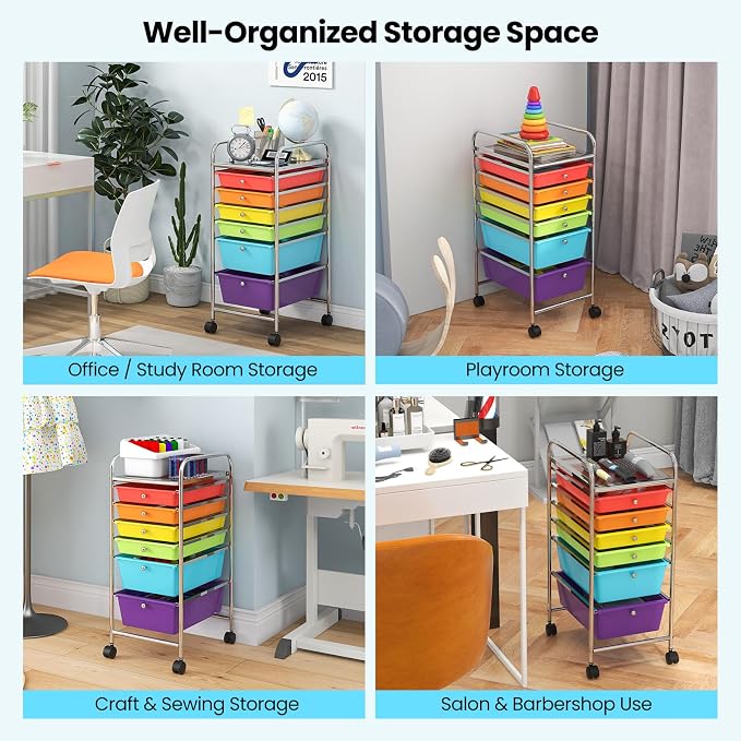 COSTWAY 6-Drawer Rolling Storage Cart, Art Craft Tools Organizer on Wheels | Multifunctional Heavy Duty Utility Mobile Storage Trolley w/ 2 Lockable Wheels for Home Office School (Multi-color)