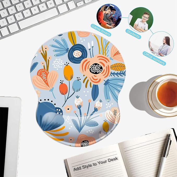 Mouse Pad with Wrist Support, Non Slip Mousepad Wrist Rest for Office, Computer, Laptop & Mac-Comfortable & Lightweight Ergonomic Support Mouse Mat(Wrist-Blue Floral)