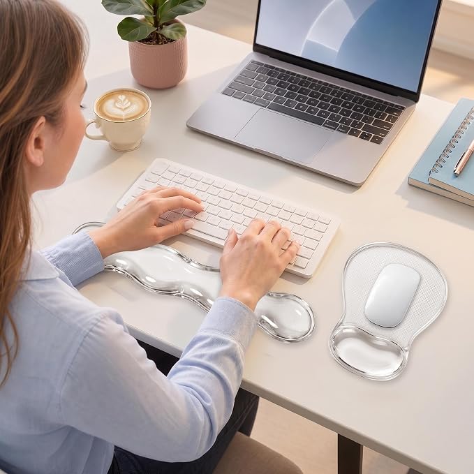 Keyboard Wrist Rest & Ergonomic Mouse Pad with Wrist Rest Set, Cute Transparent Gel Wrist Rest for Keyboard and Mouse, Soft Support for Pain Relief, Office, Gaming Desk Accessories(White)