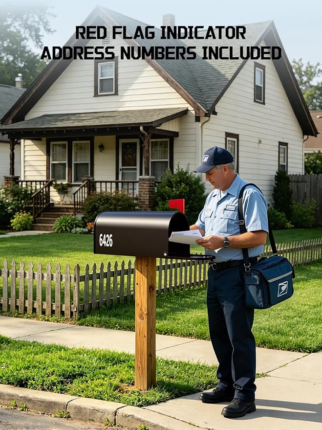 AZUNO Mailboxes for Outside, Metal Post Mount Mailbox with Red Flag & Address Numbers, Medium Capacity Mailbox for House, Galvanized Steel,19 * 8.9 * 7.1 inches, Dark Bronze