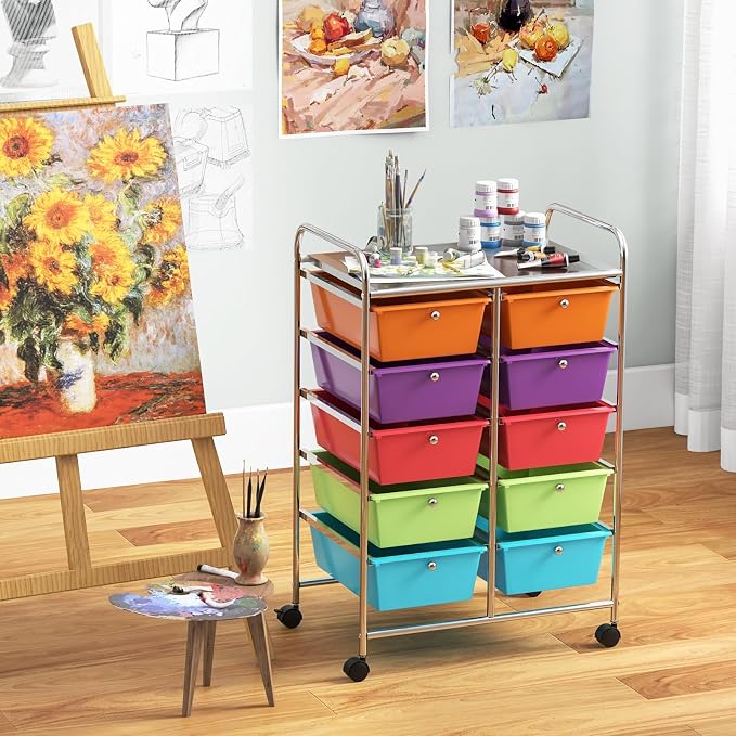 RELAX4LIFE Rolling Storage Cart with 10 Drawers - Craft Storage Cart with Lockable Wheels,Utility Cart, Art Cart Organizer for Crafting Storage, Studio, Office, Home, School Rolling Drawer Cart