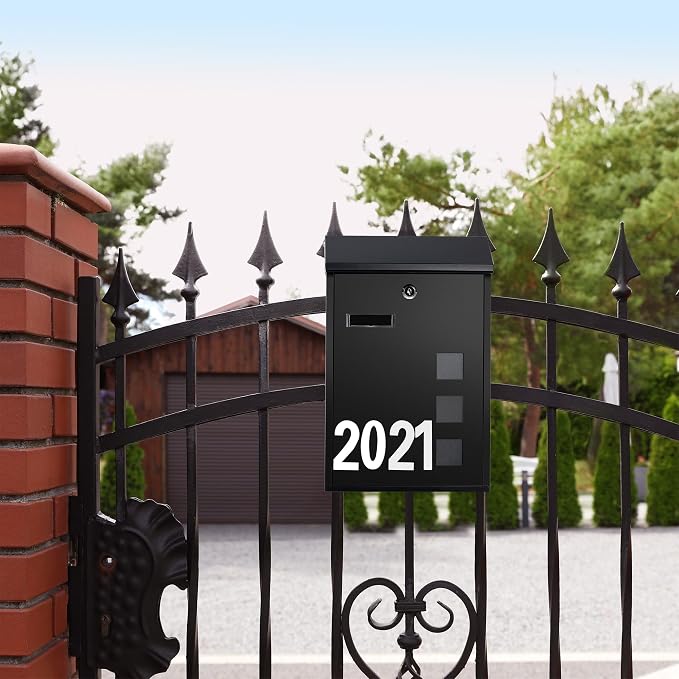 LAND·VOI Wall Mounted Mailbox with 4 Keys, Post Box for Wall and Fence, Viewing Windows, Nameplate, 3.94 x 9.8 x 15.6 Inches, Large Capacity, Includes Mailbox Numbers, Matt Black, AMB31B