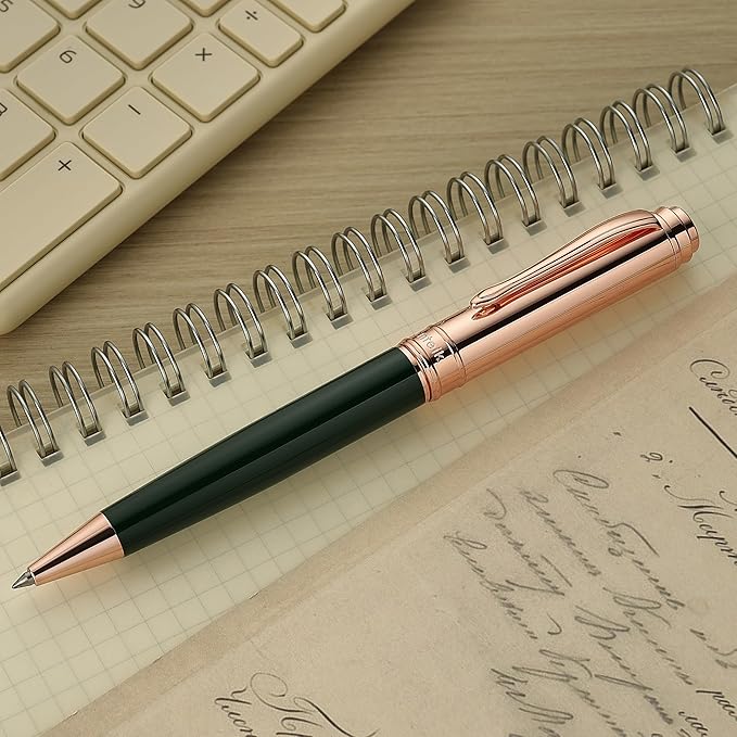 Luxury Gel Pen, Top Set With 8mm Brilliant Diamond,Dark Green Pen Body,Attractive Rose Real Gold Finish, Black Refill,Elegant Gift Pen For Women, Executive, Fancy, Graduation, Nice Pens