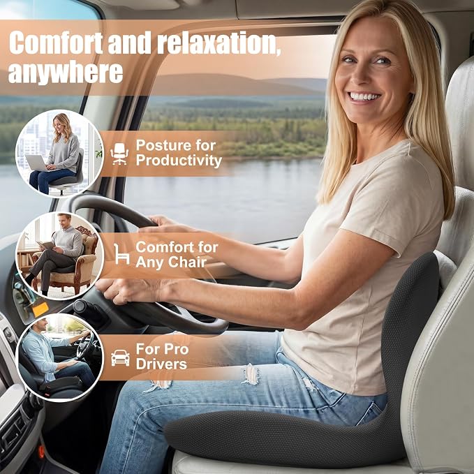 Thick Car Seat Cushion with Lumbar Support for Long Driving, Ergonomic Memory Foam Office Chair Cushion for Sciatica, Tailbone & Lower Back Relief, Ideal Gift for Drivers & Office Workers (White)