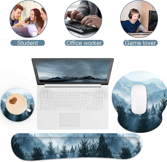 Ergonomic Mouse Pad with Wrist Rest and Keyboard Wrist Rest, Mousepad | Memory Foam Wrist Rest for Computer Keyboard, Pain Relief, Non-Slip Base, Mouse Pad Wrist Support for Gaming, Cloud Forest