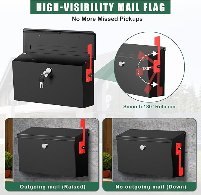 Large Wall Mount Mailbox for Outside with Flag, 15.9''x9.6''x5.2'' Locking Mailbox Wall Mounted, Galvanized Steel Rustproof Metal Mailbox, Modern Mail Box for House Outside, Black