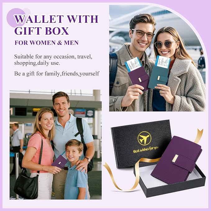 BKNOOU Passport Holder with Airtag Slot Travel Wallet Compact for Women Men, Leather Passport Wallet RFID Blocking Passport Holder for Travel with Zipper Coin Pocket, Holder Cash, Card (Purple)