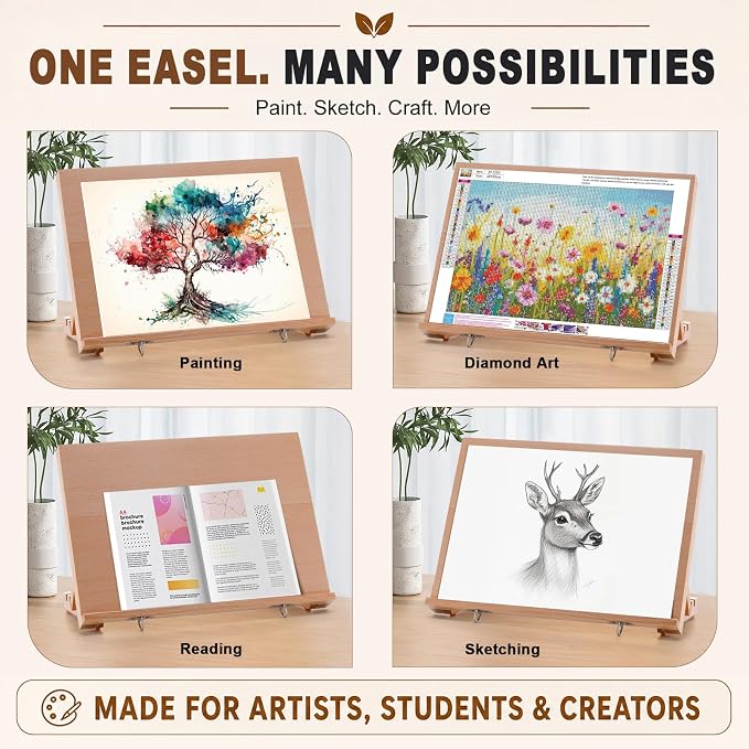 16.5"x12" Beechwood Tabletop Easel with Paint and Sketch Papers,Mask Tape | Portable Adjustable Art Easel with Detachable Strap, Drawing Board for Painting, Sketching and Diamond Art