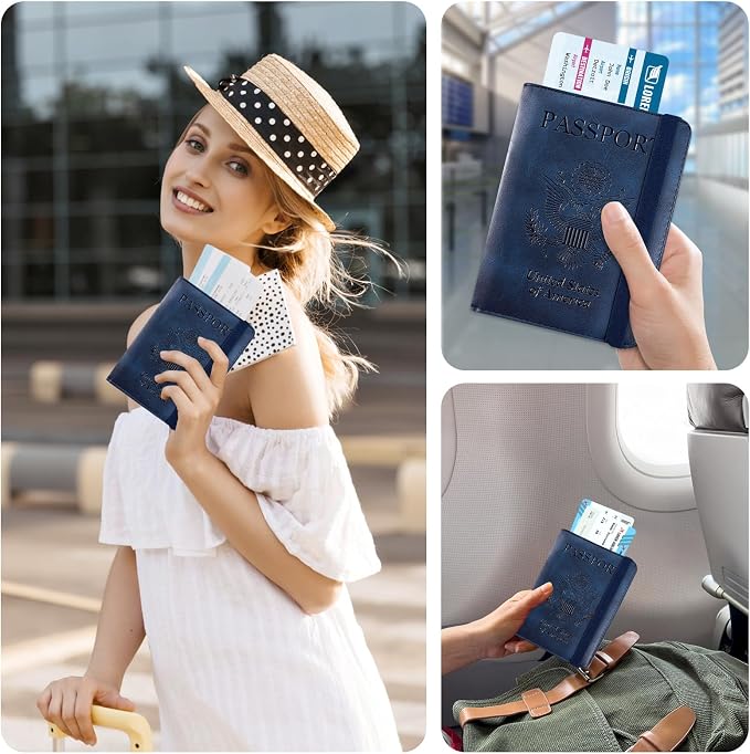 ACdream RFID BLOCKING Passport Holder Travel Wallet, Premium PU Leather Cover Passport Book with Card Holder, Pen Holder, Keep Organization, and Travel Essentials for Women and Men, Blue