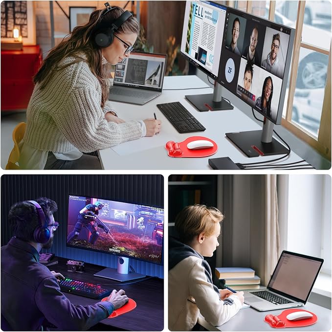 Gel Mouse Pad with Wrist Rest, Ergonomic for Laptop, Non-Slip Base | Cooling Gel Comfort, Soft Squishy Wrist Support, Easy to Clean, Non-Slip PU Base, for Office & Home Desk Red