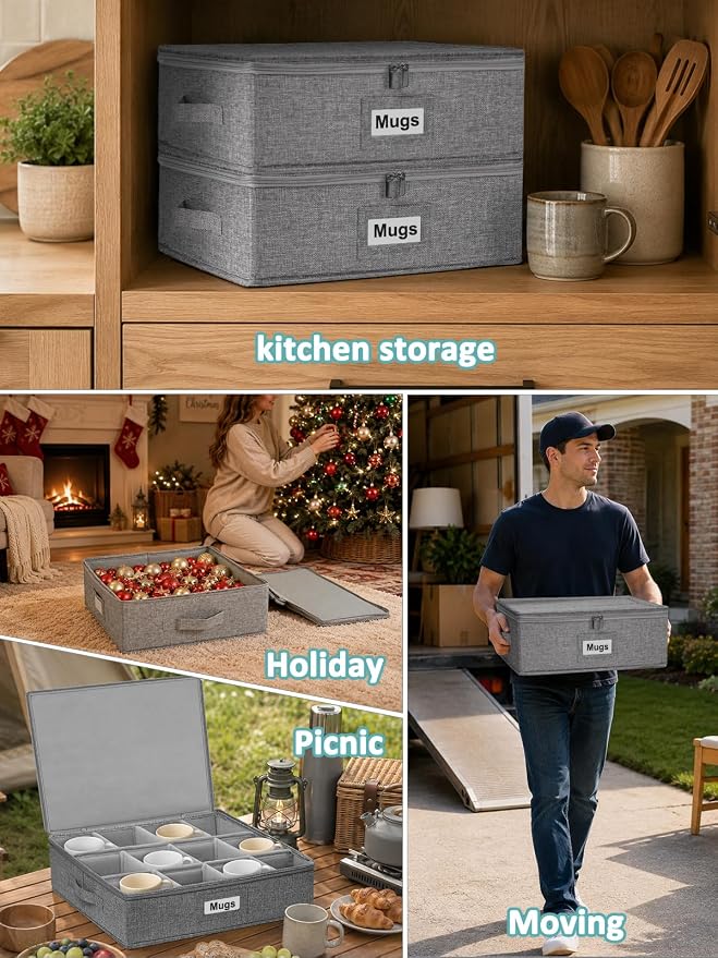 Cirhy Mug Storage Organizer, Hard Shell Coffee & Teacup Storage Box with 12 Padded Compartments, Stackable Portable Cup Storage Organizer for Holiday, Seasonal & Moving Use, 2-Pack, Grey