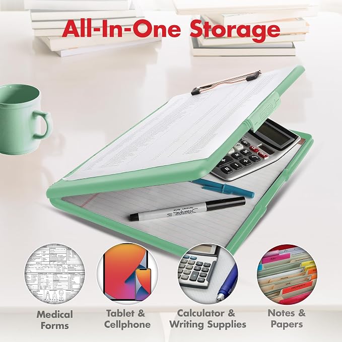 Dexas Slimcase 2 Plastic Clipboard with Storage and Side Opening, Foam Green Rose Gold, Office Supplies Clipboards to Organize, Carry and Store, A4 Holder, Nursing Clipboards (Pack of 6)