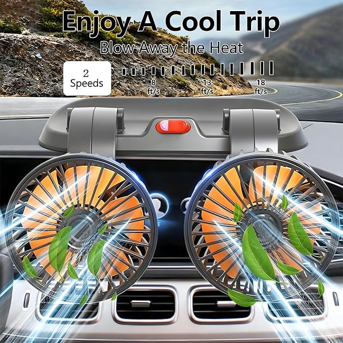 Dual Head 24V Car Fan for SUV Truck RV with No AC,Adjustable Car Cool Fan, Dual Head Design, 2-speed Adjustable, 360° Rotating Portable Car Fan,Powered by Cigarette Lighter