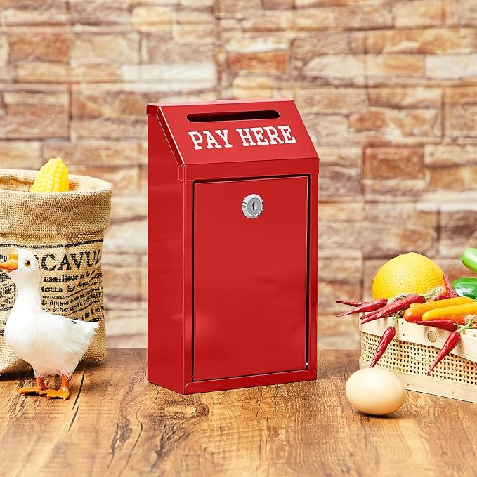 Yaocom Safe Metal Cash Box for Farm Stand – Money Drop and Secure Donation Collection, Wall Mount Lockable Unit with Pre Drilled Holes for Outdoor Self Serve(Red,10.2 x 5.7 x 2.8 Inch)