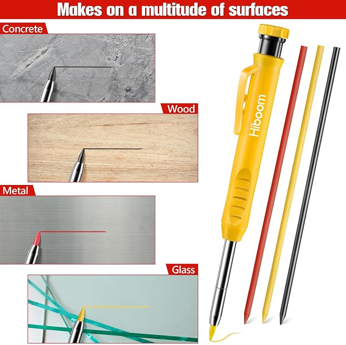 Hiboom 3 Pack Solid Carpenter Pencils with Pencil Cap and 21 Refills | Built-In Sharpener, Long Nose Deep Hole Marking, Protective Belt Caps, Mechanical Construction Pencil, Woodworking Tools