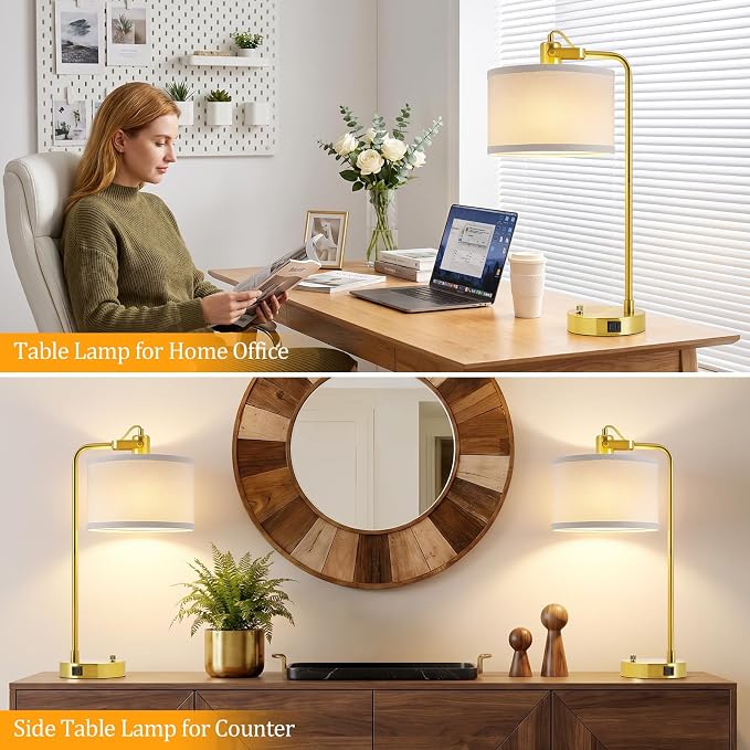 24‘’ Gold Table Lamp Set of 2 with USB A and C Ports, 180° Adjustable Stepless Dimming Bedside Lamps for Night Stands, E26 Bare Bulb Compatible, Industrial Nightstand Lamp, 9W LED Bulb Included