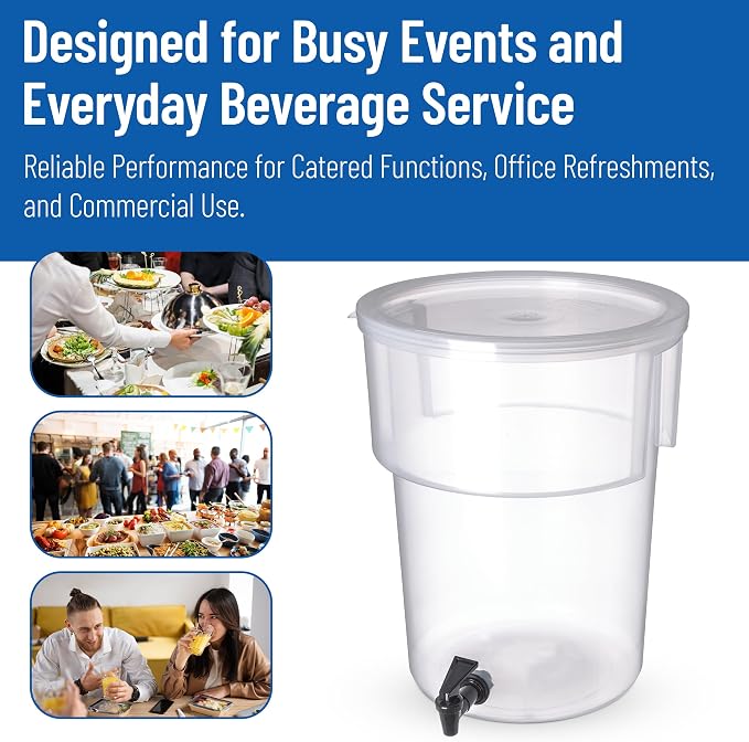 Carlisle FoodService Products Round Beverage Dispenser Drink Dispenser with Spigot for Catering, Plastic, 5 Gallons, Clear