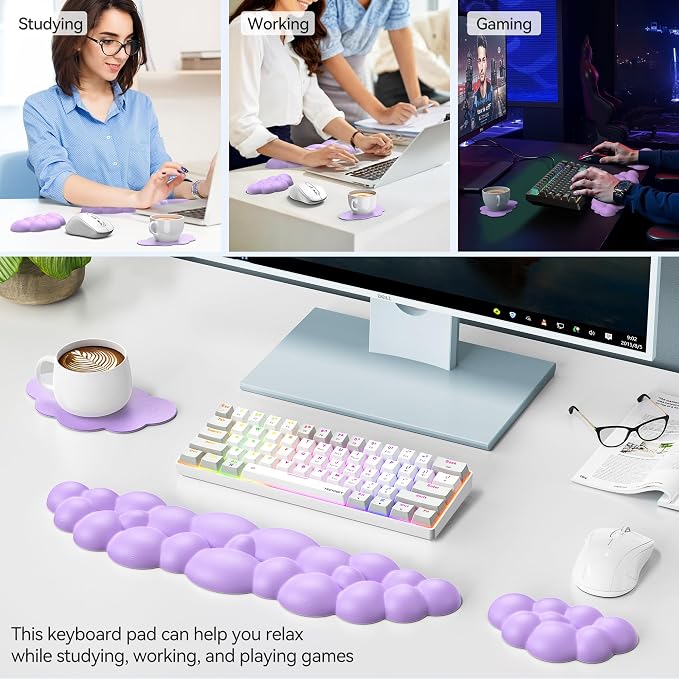 TECKNET Cloud Keyboard Wrist Rest Set, Cloud Wrist Rest with Non-Slip Base, PU Leather Wrist Pad for Keyboard with Ergonomic Memory Foam for Computer Laptop Office Gaming and Pain Relief, Purple