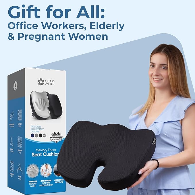 5 STARS UNITED Seat Cushion for Tailbone Pain Relief โ Memory Foam Cushion for Coccyx, Hemorrhoid, Sciatica & Post-Surgery Recovery โ Wheelchair, Car, Desk, Gaming & Office Chairs, Arctic Black