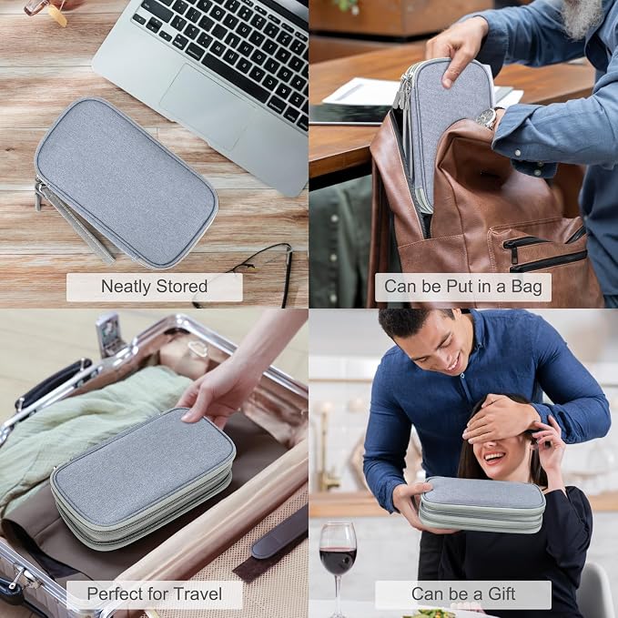 FYY Electronic Organizer, Travel Tech Pouch Bag, Medium, Light Grey | Wrist Strap, Waterproof, Double Layers Portable Electronics Travel Carrying Case for Cord, Charger, Daily Business Trips Use