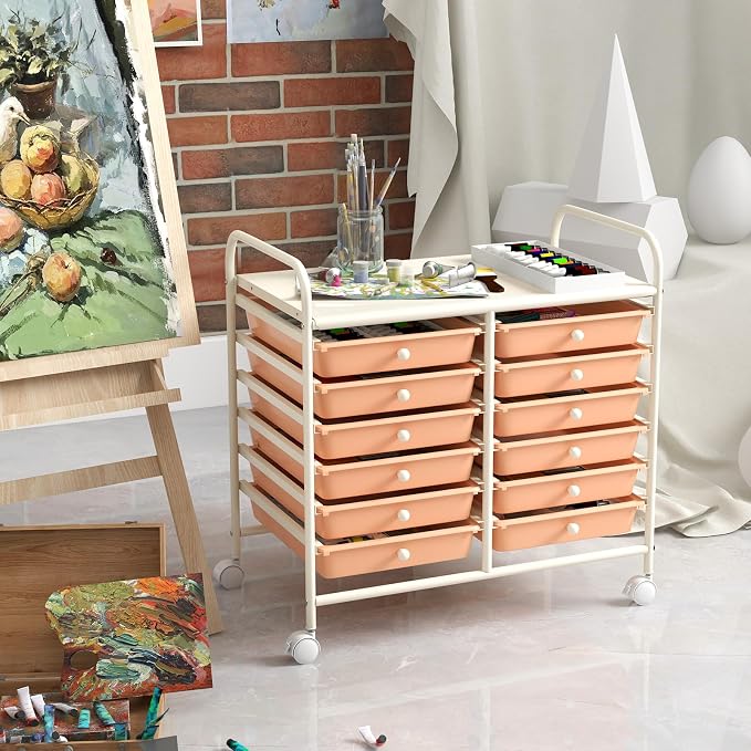 COSTWAY 12-Drawer Rolling Storage Cart, Utility Storage Organizer Cart | For Tools, Scrapbook, Paper, Craft, Multipurpose Art Supply Organizer on Wheels for Home Office School, Teacher, Peach