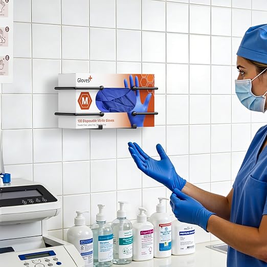 Adhesive Glove Box Holder Wall Mount, Metal Gloves Dispenser, Black | For Latex & Nitrile Boxes, No-Drill Tissue & Wipes Organizer for Lab, Kitchen, Bathroom