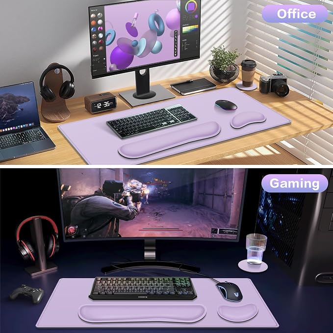 Desk Mat Purple, Large Gaming Mouse Pad with Wrist Rest, 4in1 XXL | Mousepad+Keyboard Wrist Rest+Mouse Pad Wrist Support+Cup Coaster Set Ergonomic Computer Desk Arm Wrist for Decor Office Women