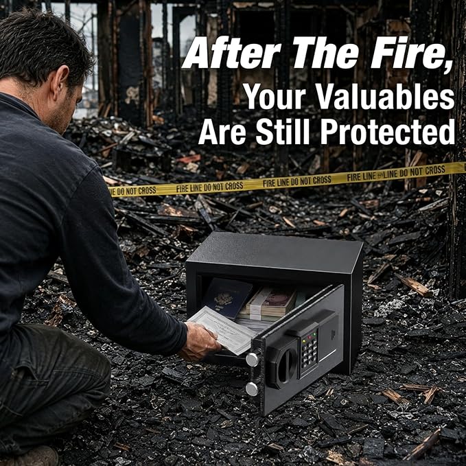 ππ-ππ’π§ ππππΒ°π
Mini Fireproof Safe, 15.4 Lbs Heavy Duty Safe Box | Small Fire Safe with Alarm System, Sensor LED Light, Wall Mountable Design for Home & Office Storage of Cash, Passport