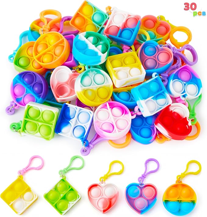 JOYIN 30 Pcs Mix Pop Fidget Keychain, 30 Pack Pop Fidget Toys Bulk Party Favors for Kids, Goodie Bags Stuffers End of Year Back to Student Gifts Classroom Prizes Birthday Sensory Toys
