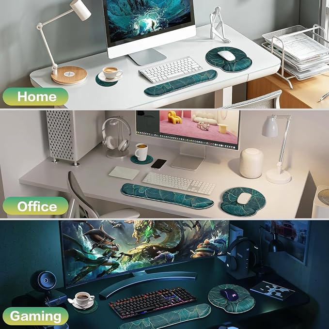 Mouse Pad with Wrist Rest Set, 3-in-1 Wrist Support Mousepad | Gaming Mat Pad with Anti-Skid Base,Ergonomic Mouse Pad Green,Memory Foam Gel Wrist Rest for Computer Keyboard