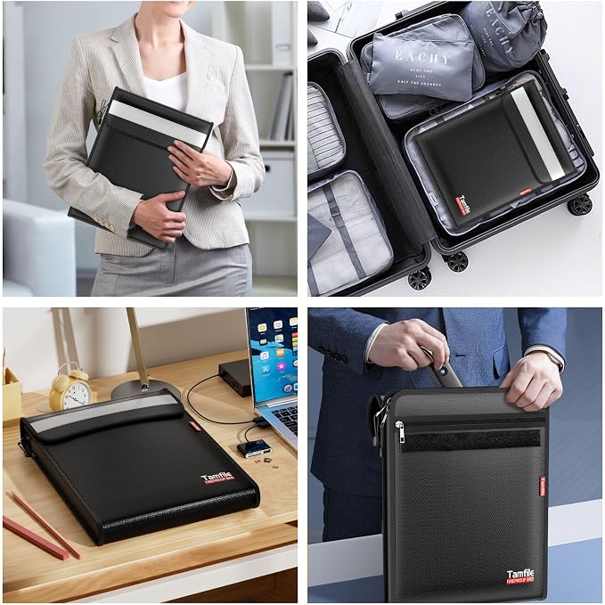 6400℉ Fireproof Document Bag, 15”x 11” Waterproof Document Organizer, Black | Fireproof Money Bag, 2 Pockets,Safe Important Document Organizer for A4 A5 Legal Letter Size, Valuables, Legal Documents