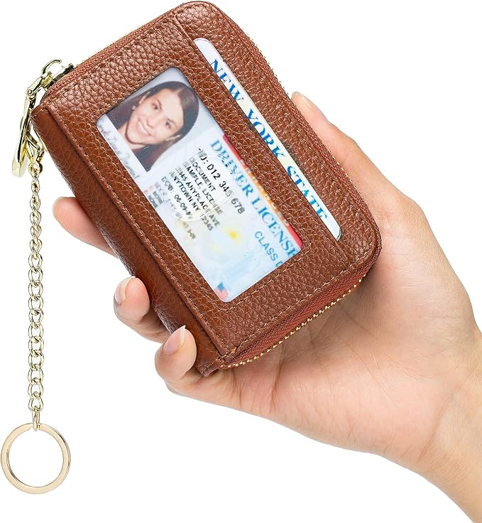 imeetu RFID Credit Card Holder, Small Card Wallet Women, Leather Card Case | Genuine Leather Women's Card & id Cases, Change Coin Purse with Zipper Keychain id Window, 20 Colors & 3 Styles, Daily, Gifts