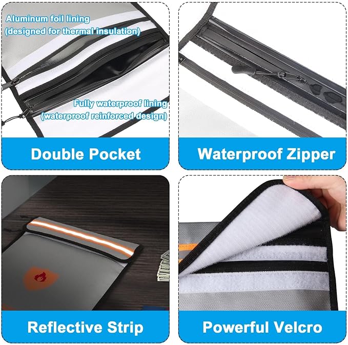 Non-Itchy 2200°F Fire Proof Bag for Documents, 15x11 A4 Storage Pouch | Fire Proof Money Bag for Cash, Fits A4 Files Flat, Reflective Night Strip, Dual-Pocket, Water-Resistant Zipper