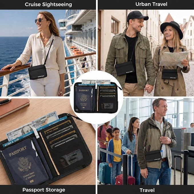 P.travel Passport Holder for Travel, RFID Blocking Passport Wallet with Adjustable Shoulder Strap, Holds 3 Passports, 4 Card Slots & AirTag Slot, Lightweight Travel Essentials for Men & Women