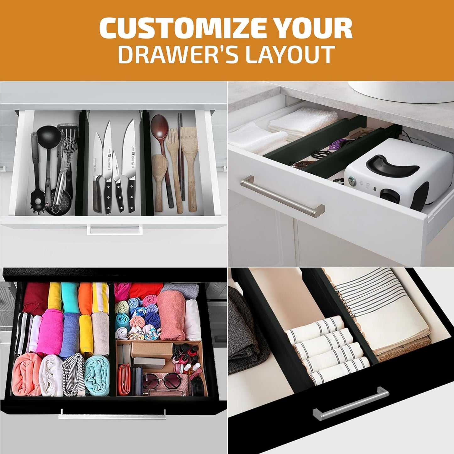 4 Pack Drawer Dividers Bamboo 2.6" High, 16-22" Adjustable Drawer Organizers for Clothes, Expandable Dresser Separators in Bedroom/Bathroom/Kitchen/Office Organization and Storage (Black)