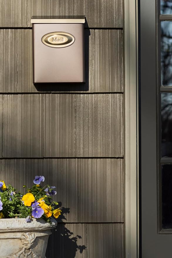 Architectural Mailboxes Designer Locking Wall Mount Mailbox, Bronze, Medium | Galvanized steel build with a concealed lock and key drop box and weather-resistant outdoor construction.