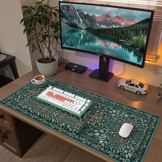 iCasso Mouse Pad with Wrist Rest,Ergonomic Large Desk Mat Set, Deep Green | Keyboard Pad with Wrist Support, Non-Slip Mouse Mat for Women, Cute Floral Computer Mat for Home Office Gaming