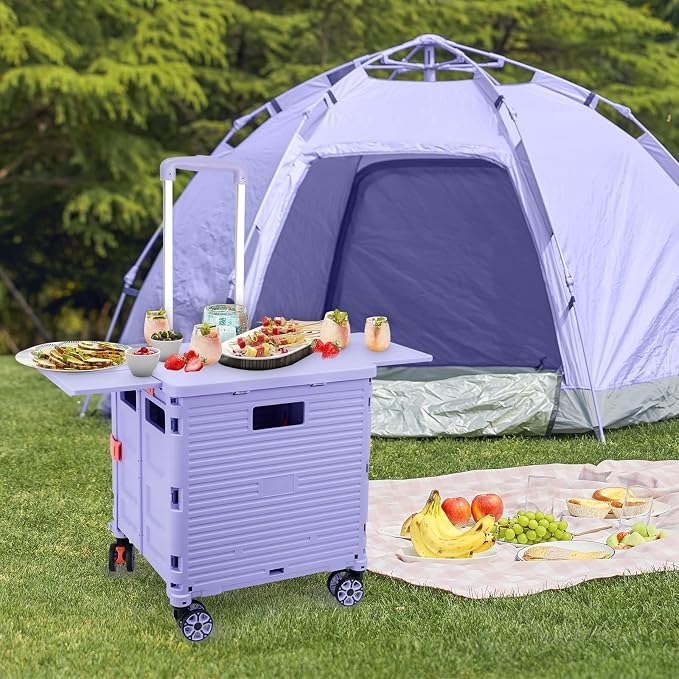 FELICON SELORSS Folding Utility Cart Portable Rolling Crate Handcart-Purple | Magnetic Sliding Lid,Telescoping Handle,Plastic Box Dolly,360°Swivel Wheels for Travel Shop Move Laundry Office Teacher Use