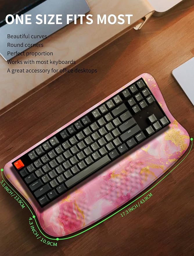Ergonomic Wave Wrist Rest with Keyboard Stand, Cushioned Palm Rest, Comfortable Integrated Memory Foam for Natural Typing and Relieve Wrist Pain, Pink Gold Marble