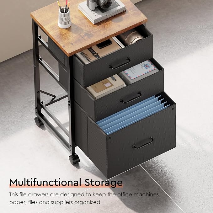 3 Drawer File Cabinet with Wheels with Open Storage Shelf, Rustic Brown
