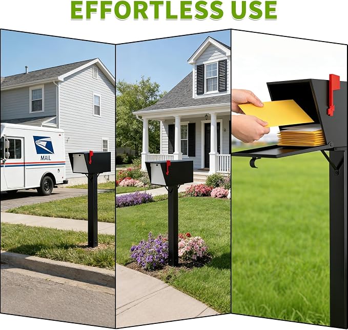 BOUGOON Black Metal Mailbox Post for Outside,43x 4X 4 inch Heavy Duty In-Ground Mounting Post with Anchor for Easy Install Mailbox Use