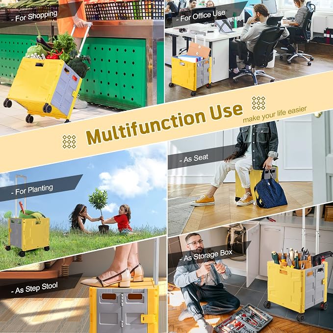 FELICON Folding Utility Cart Rolling Crate Handcart Basket Tote-Yellow+Gray | Collapsible Hidden Lid,Plastic Box,Telescoping Handle,4 Rotate Wheels for Travel Shop Move Grocery Laundry Office Teacher Use