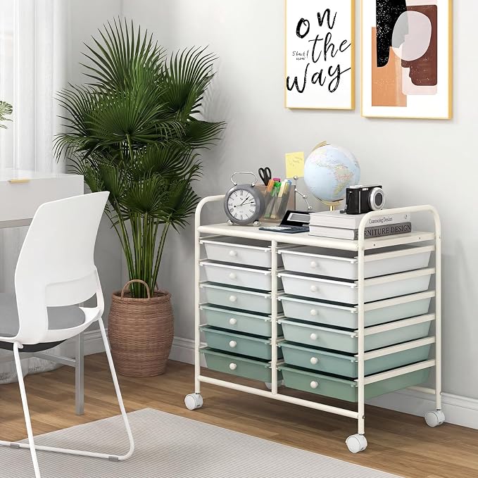 RELAX4LIFE 12-Drawer Rolling Storage Cart - Mobile Utility Cart on Wheels for School Classroom Teacher Office Salon, Paper File Art Supply Craft Organizer, Rolling Cart with Drawers (Gradient Green)