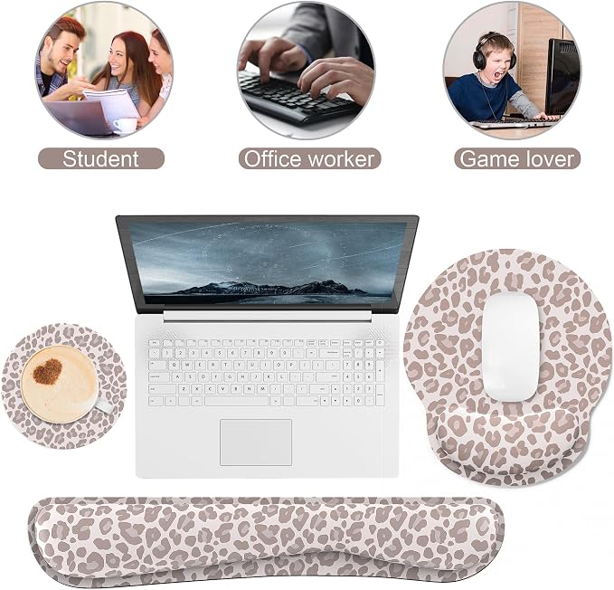 Ergonomic Mouse Pad with Wrist Rest and Keyboard Wrist Rest, Mousepad | Memory Foam Wrist Rest for Computer Keyboard, Pain Relief, Non-Slip Rubber Base, Mouse Pad Wrist Support for Gaming, Leopard
