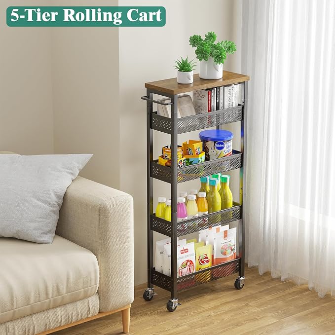 Slim Storage Cart 5 Tier Narrow Kitchen Rolling Cart on Wheels for Small Space, Metal Utility Cart Narrow Bathroom Storage Cabinet Mobile Shelf Unit Organizer with Wood Top and Handle, Black